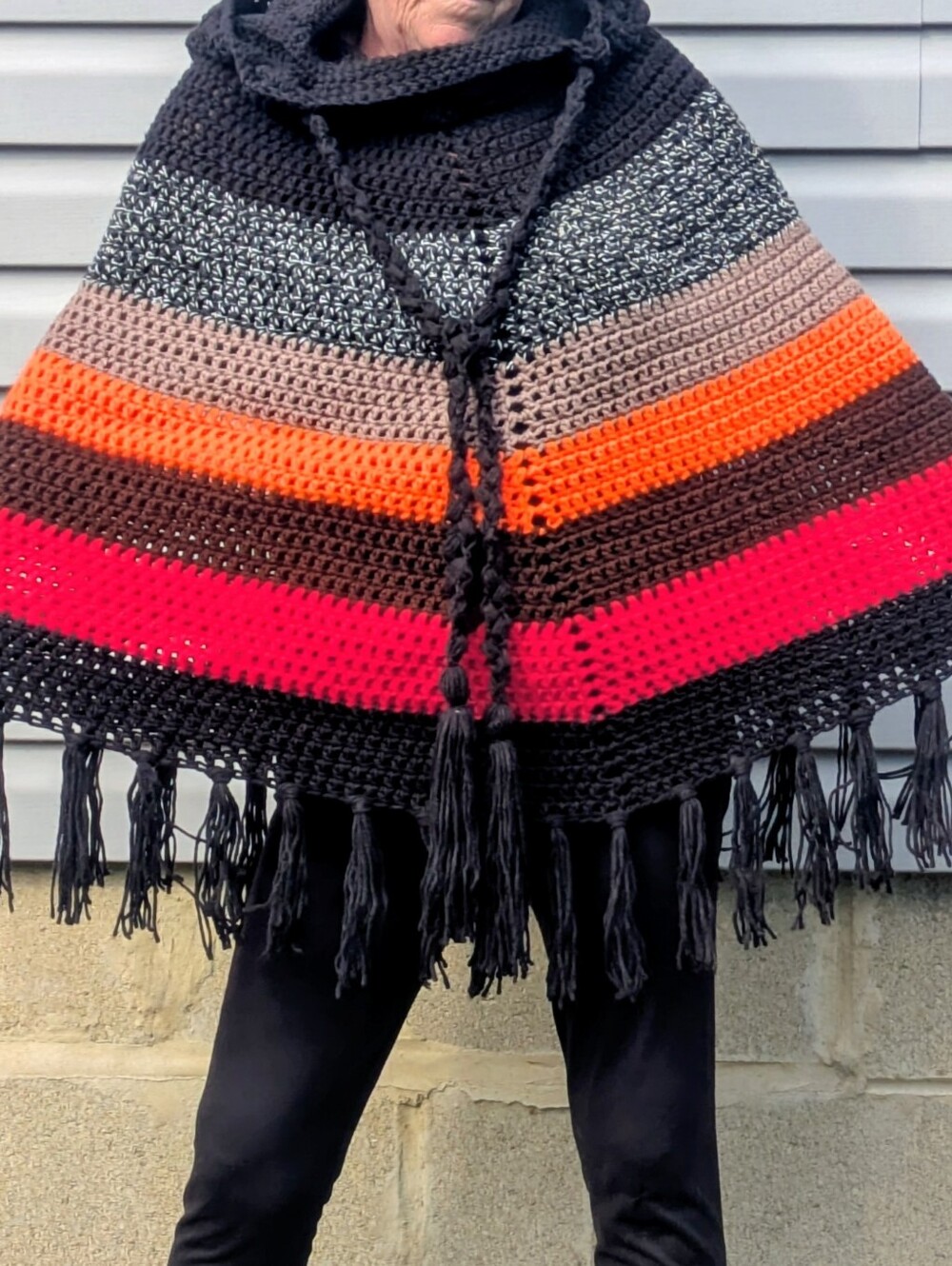Handmade Multicolor Crochet Poncho with Hood - Black, Red & Orange